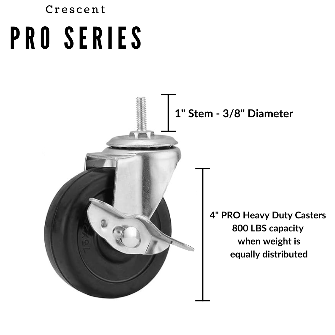 4" Heavy Duty Caster Wheels for Rack Shelving, 3/8" x 1", 16 TPI Threaded Casters, Swiveling, Set of 4, 2 Locking and 2 Non-Locking Wheels with Brakes, Crescent 800 LBS PRO Series