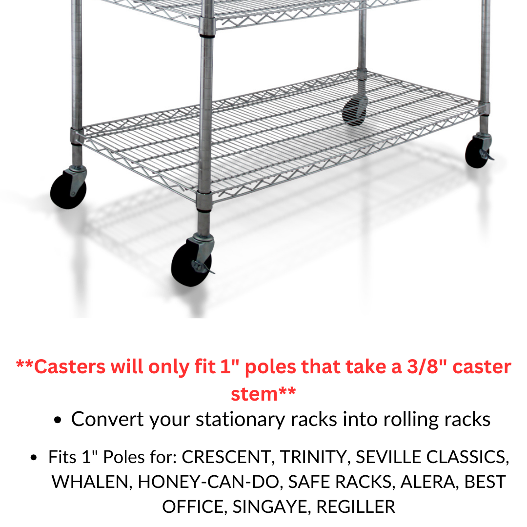 4" Heavy Duty Caster Wheels for Rack Shelving, 3/8" x 1", 16 TPI Threaded Casters, Swiveling, Set of 4, 2 Locking and 2 Non-Locking Wheels with Brakes, Crescent 800 LBS PRO Series
