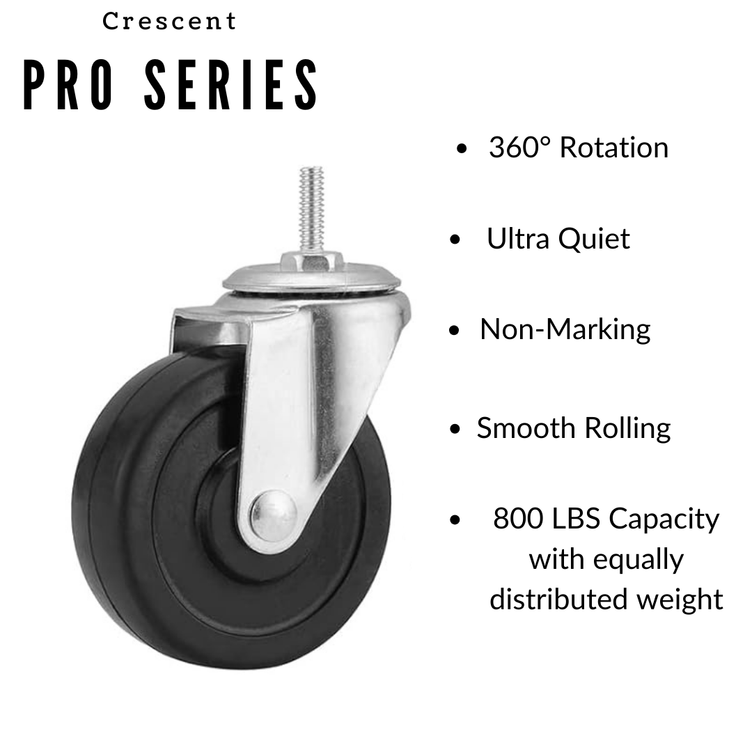 4" Heavy Duty Caster Wheels for Rack Shelving, 3/8" x 1", 16 TPI Threaded Casters, Swiveling, Set of 4, 2 Locking and 2 Non-Locking Wheels with Brakes, Crescent 800 LBS PRO Series