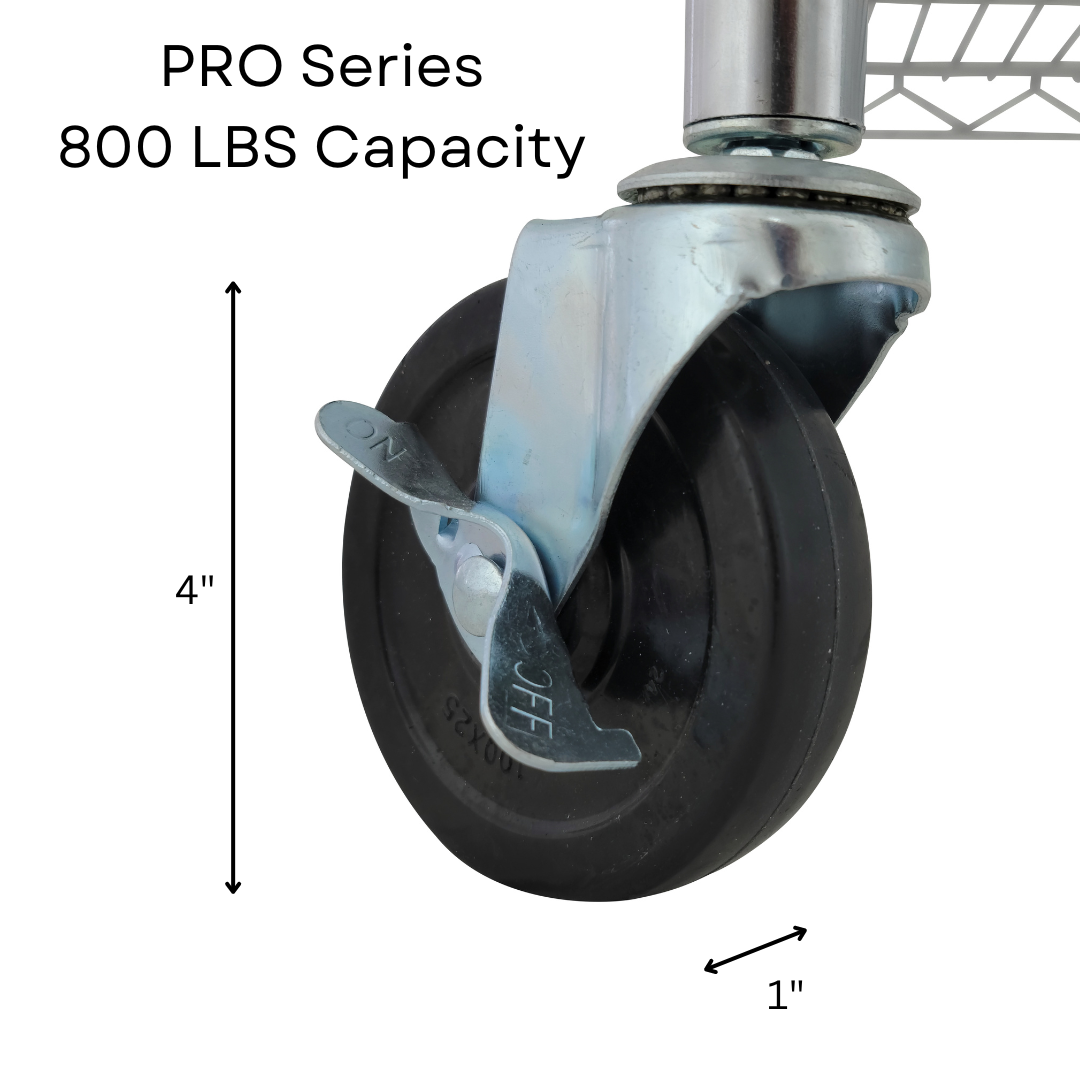 4" Heavy Duty Caster Wheels for Rack Shelving, 3/8" x 1", 16 TPI Threaded Casters, Swiveling, Set of 4, 2 Locking and 2 Non-Locking Wheels with Brakes, Crescent 800 LBS PRO Series