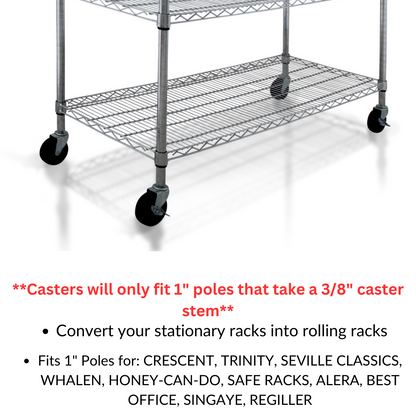 4" Heavy Duty Caster Wheels for Rack Shelving, 3/8" x 1", 16 TPI Threaded Casters, Swiveling, Set of 4, 2 Locking and 2 Non-Locking Wheels with Brakes, Crescent 800 LBS PRO Series
