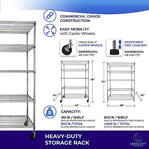 5-Tier 48x24x72 Crescent Housewares Rack, NSF Certified, Chrome